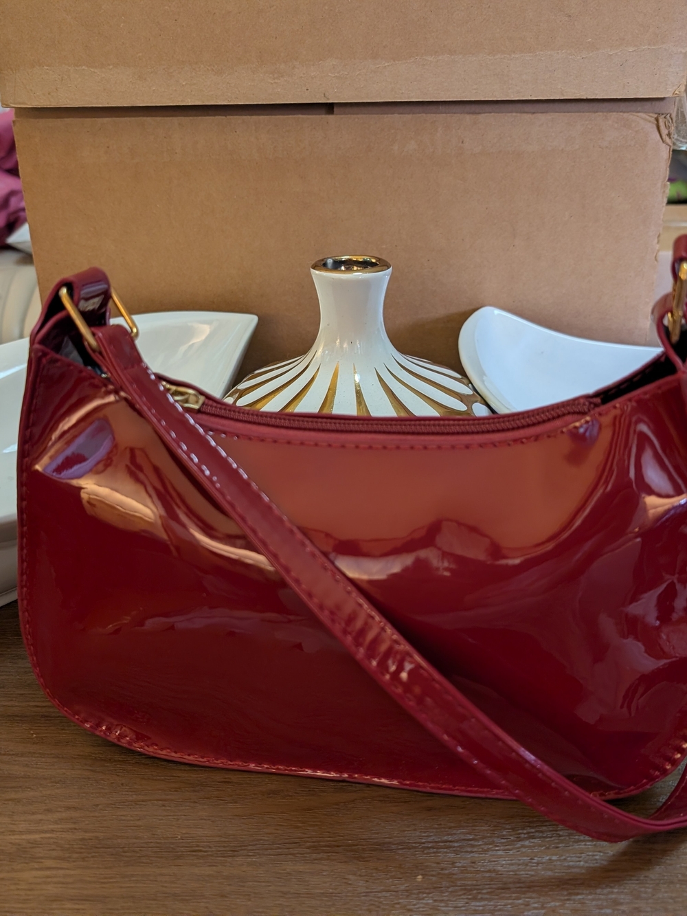 Patent Leather Shoulder Bag in Deep Red